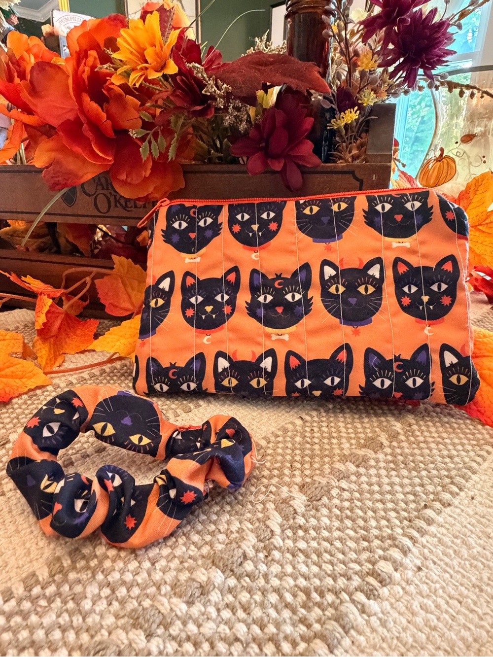 Kids Orange Cat Print Pouch & Scrunchie Set
